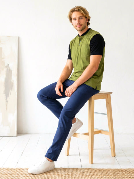 Green & Black Henley T-Shirt