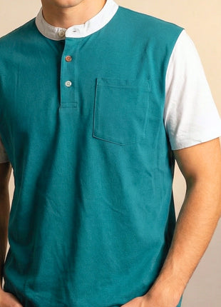 Colorblock Turquoise Blue Henley T-Shirt