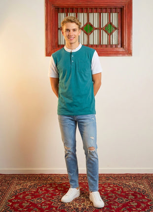 Colorblock Turquoise Blue Henley T-Shirt