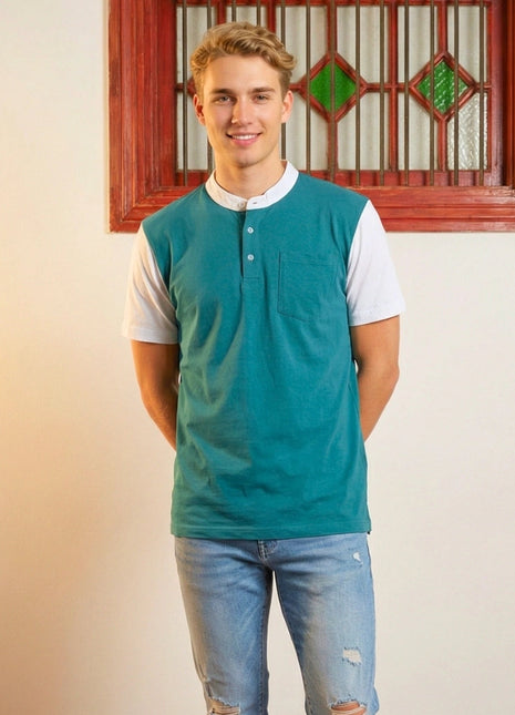 Colorblock Turquoise Blue Henley T-Shirt