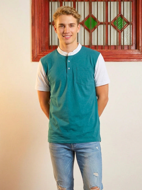 Colorblock Turquoise Blue Henley T-Shirt