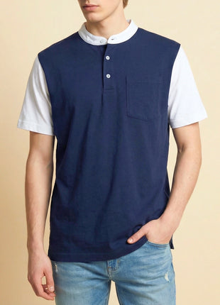 Colorblock Navy Blue Henley T-Shirt