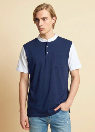 Colorblock Navy Blue Henley T-Shirt