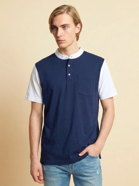 Colorblock Navy Blue Henley T-Shirt