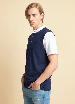 Colorblock Navy Blue Henley T-Shirt