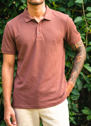 Classic Reddish Brown Waffle Polo Shirt