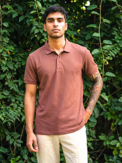 Classic Reddish Brown Waffle Polo Shirt