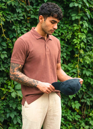 Classic Reddish Brown Waffle Polo Shirt