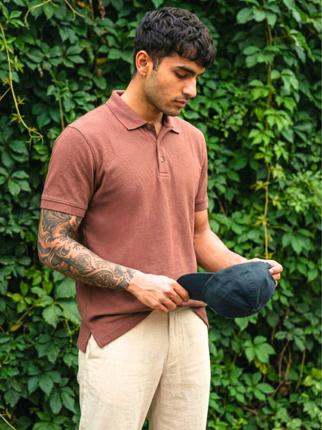 Classic Reddish Brown Waffle Polo Shirt