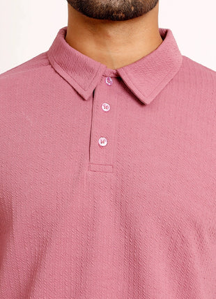 Classic Rose Pink Textured Polo T-Shirt