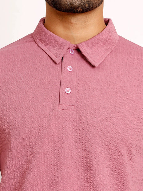 Classic Rose Pink Textured Polo T-Shirt