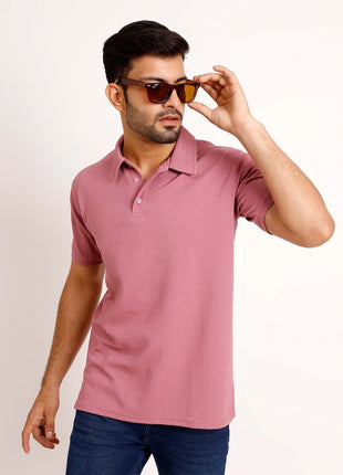 Classic Rose Pink Textured Polo T-Shirt