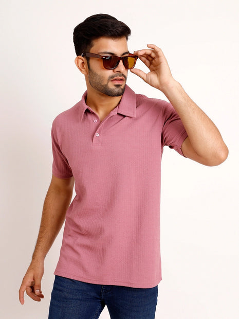 Classic Rose Pink Textured Polo T-Shirt