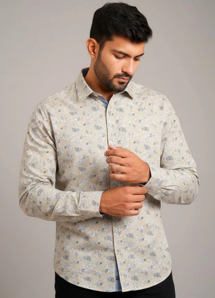 Beige Leaf Print Regular Fit Cotton Shirt