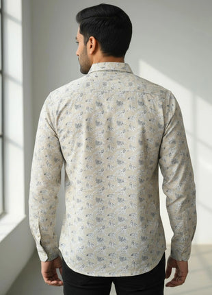 Beige Leaf Print Regular Fit Cotton Shirt