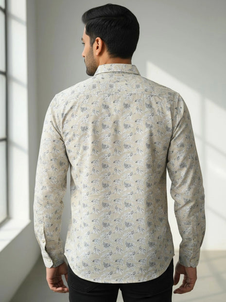 Beige Leaf Print Regular Fit Cotton Shirt