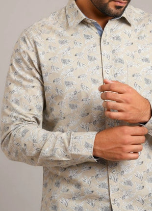 Beige Leaf Print Regular Fit Cotton Shirt