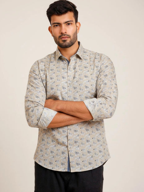Beige Leaf Print Regular Fit Cotton Shirt