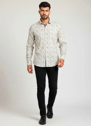 Beige Leaf Print Regular Fit Cotton Shirt