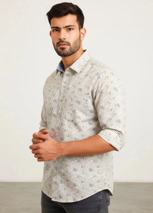 Beige Leaf Print Regular Fit Cotton Shirt