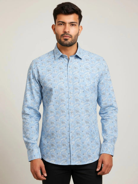 Light Blue Leaf Print Shirt