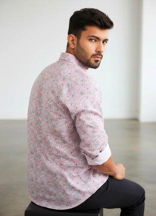 Pink Leaf Print Regular Fit Cotton Shirt