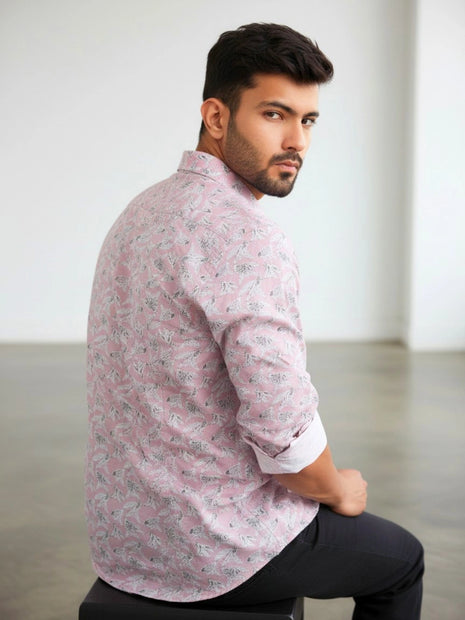Pink Leaf Print Regular Fit Cotton Shirt