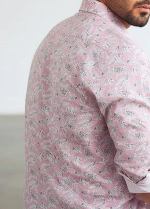 Pink Leaf Print Regular Fit Cotton Shirt