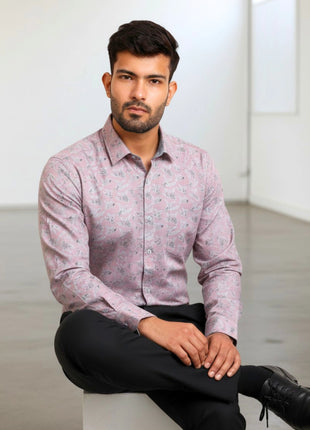 Pink Leaf Print Regular Fit Cotton Shirt