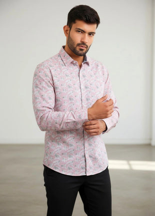 Pink Leaf Print Regular Fit Cotton Shirt