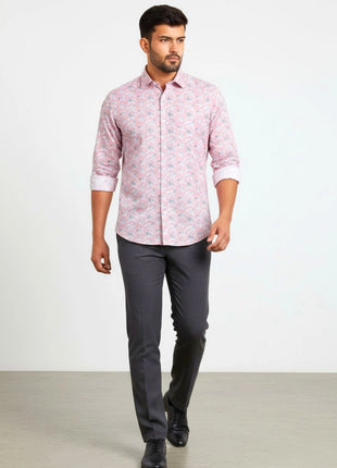 Pink Leaf Print Regular Fit Cotton Shirt